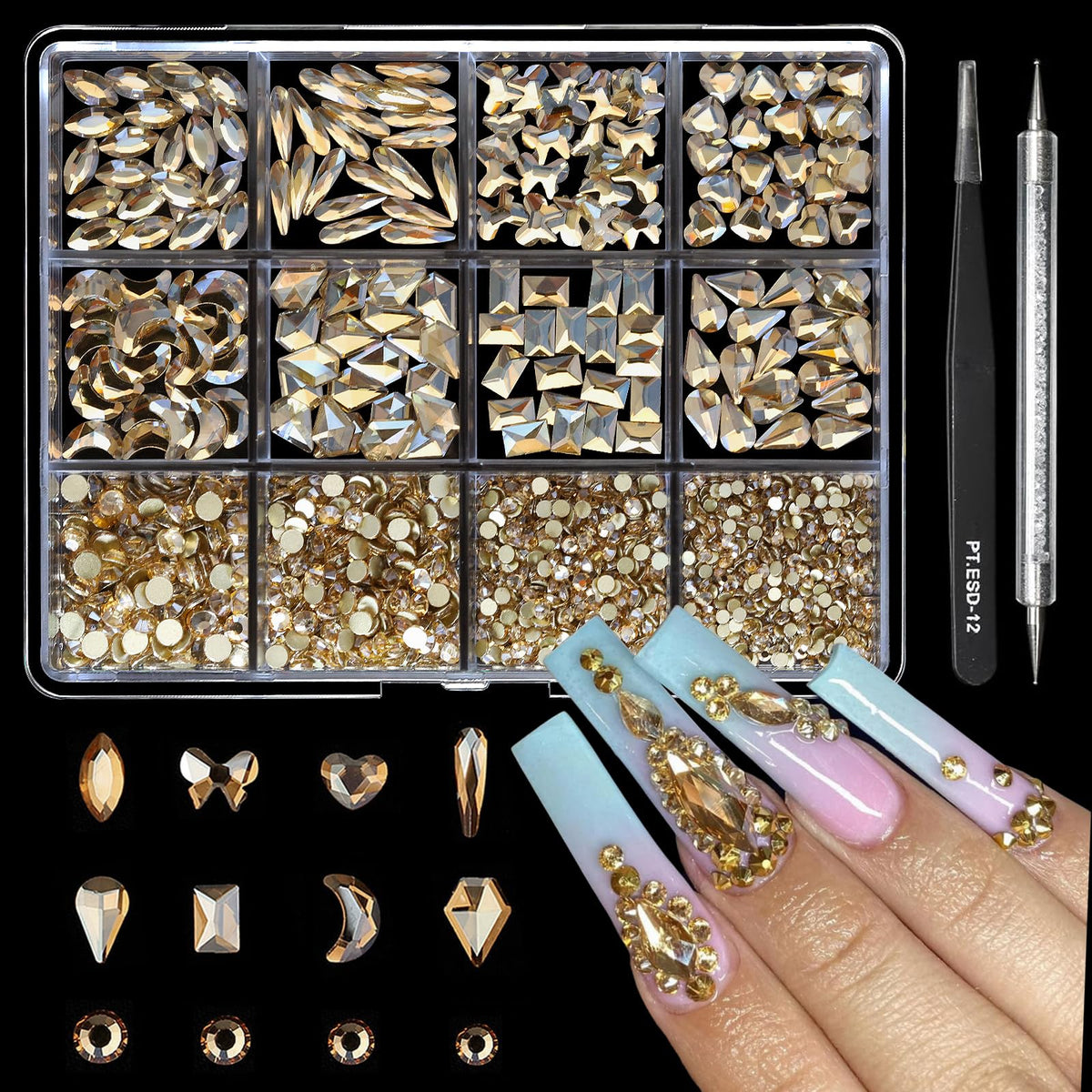 Cycullinyt 1660Pcs: piedras champagne 3D para uñas, brillo duradero.