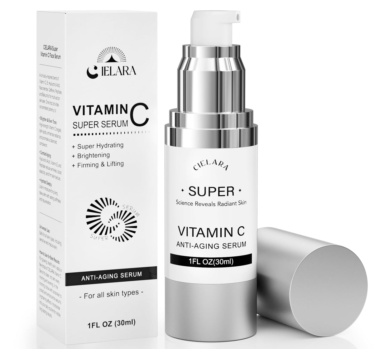 CIELARA suero de vitamina C 20% en botella, ilumina la piel y mejora la textura.