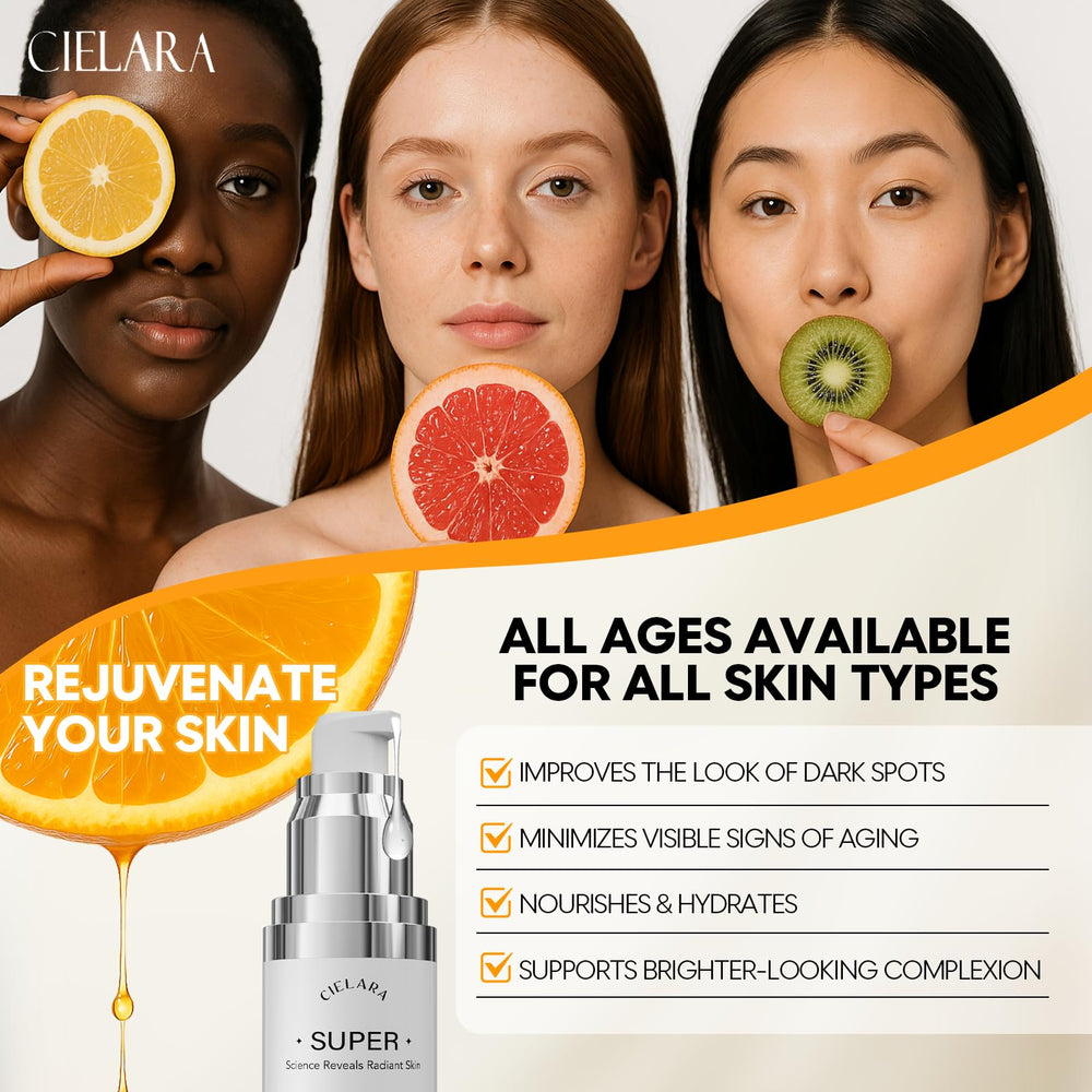 CIELARA suero de vitamina C 20% ilumina la piel con tono más uniforme.