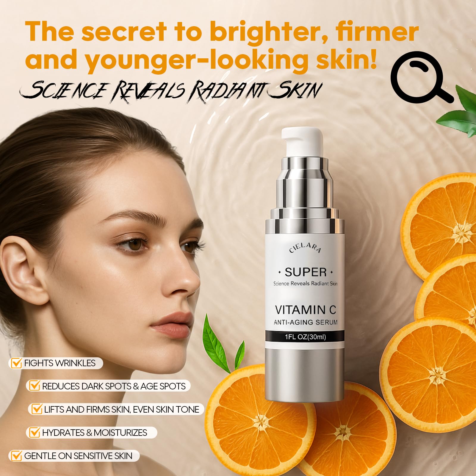 CIELARA suero de vitamina C 20% acompaña tu rutina facial diaria.