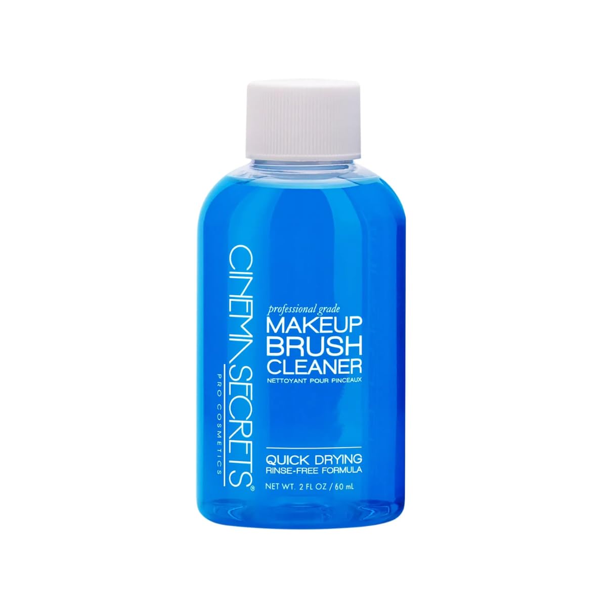Cinema Secrets limpiador de pinceles Vanilla, frasco azul, aroma suave que refresca pinceles.