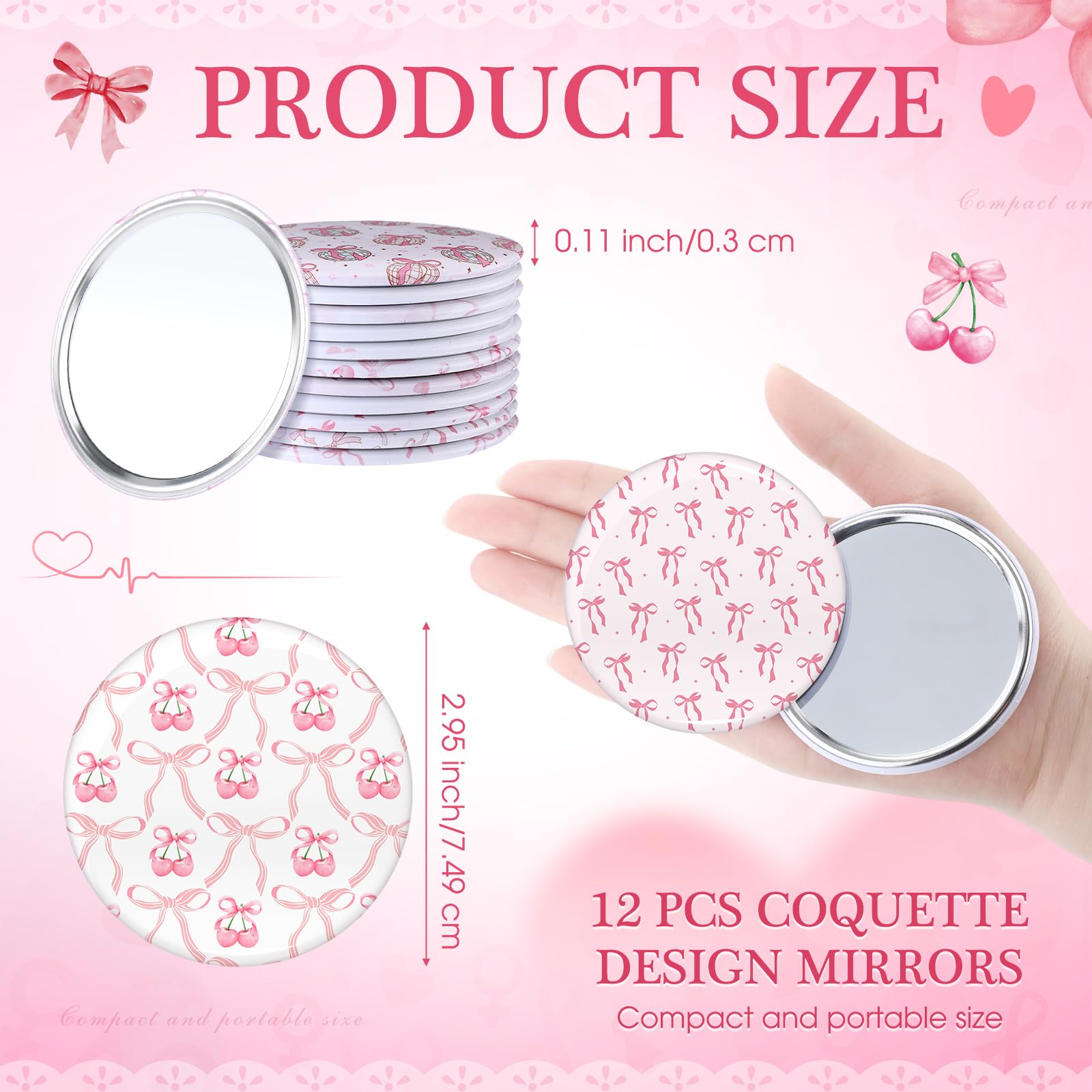 Espejo de bolsillo Cinnvoice rosa con cereza, compacto para bolsillos pequeños.