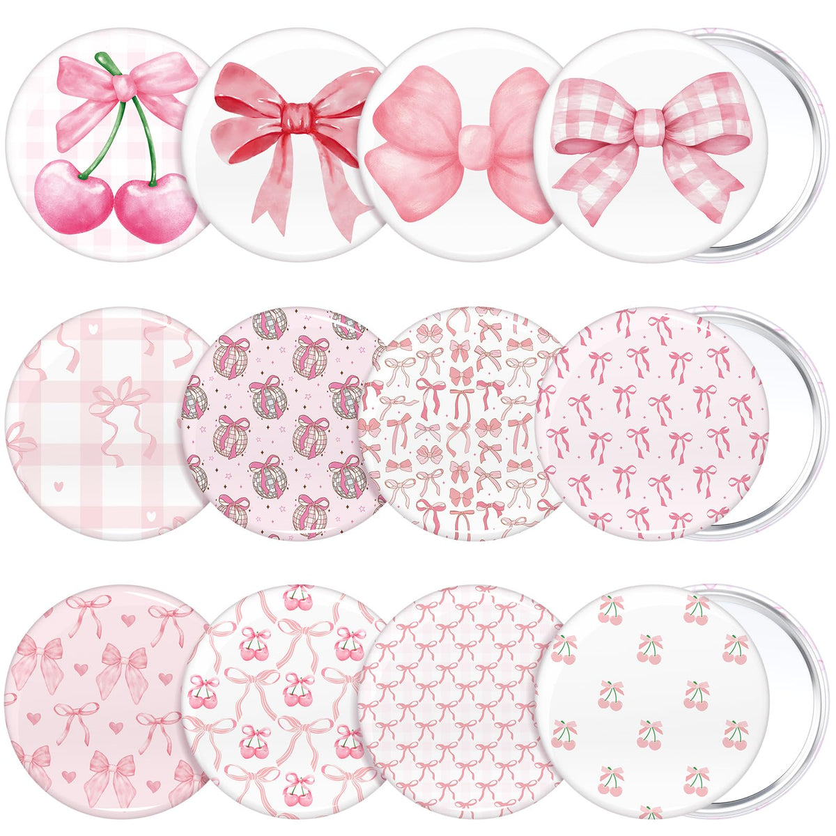 Espejo de bolsillo Cinnvoice rosa con lazo, práctico para retoques rápidos.
