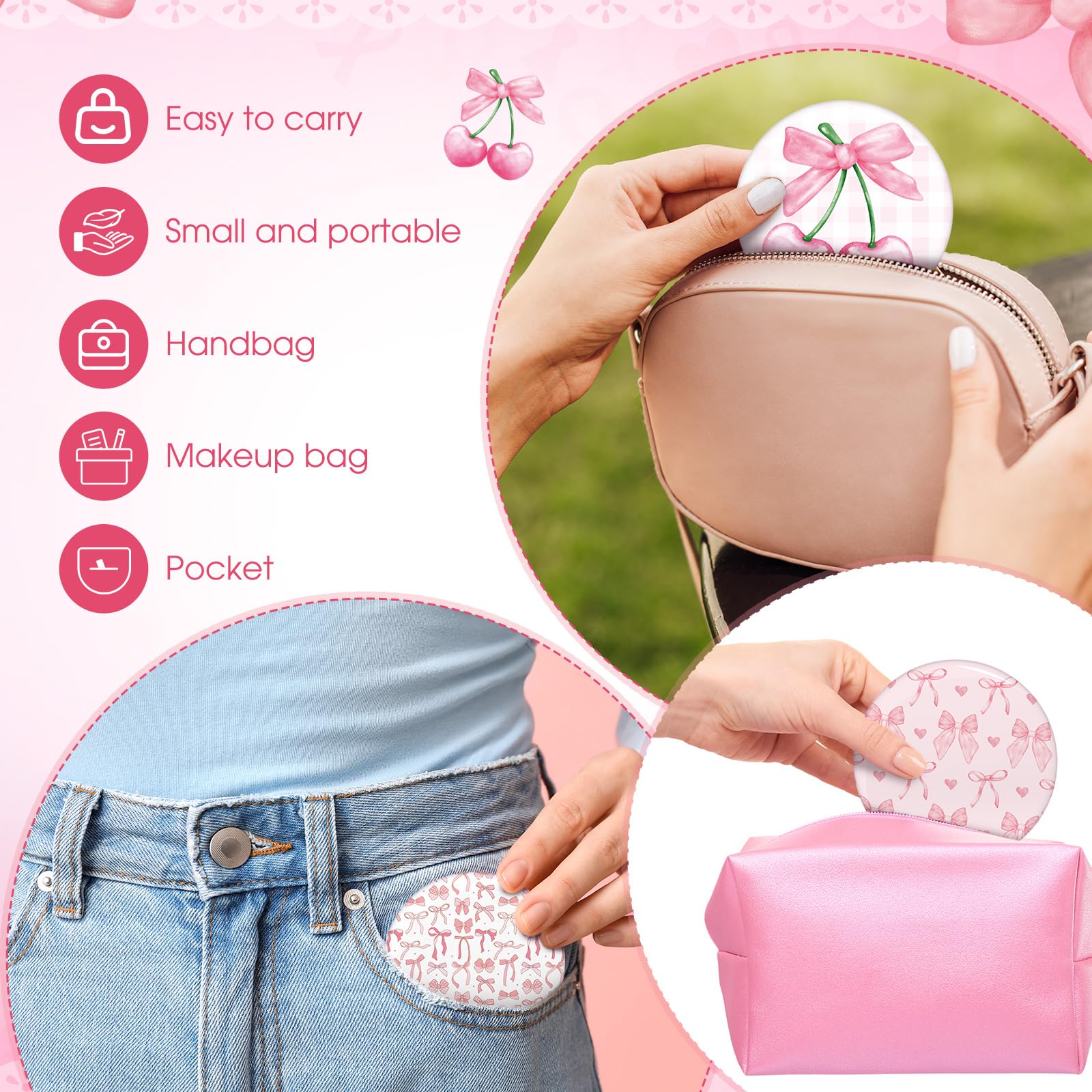 Espejo de bolsillo Cinnvoice rosa lazo, perfecto para eventos y fiestas.