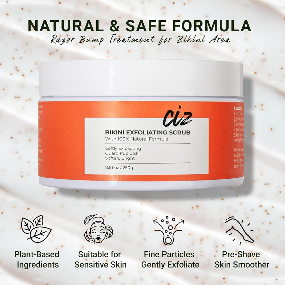 Exfoliante CIZ para piel sensible en área bikini, reduce texturas ásperas.