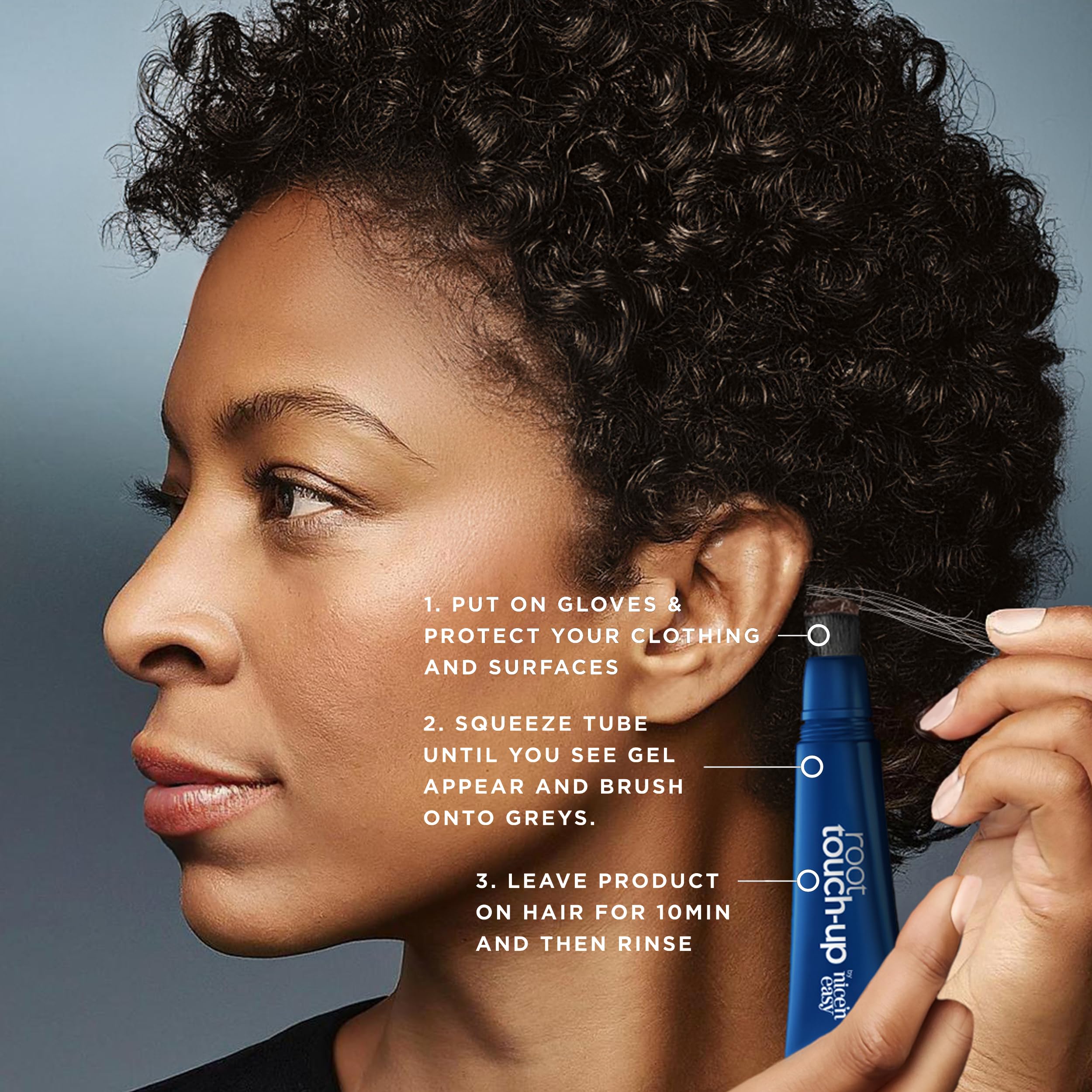 Clairol aplicación en sienes y línea del cabello para mezcla natural.