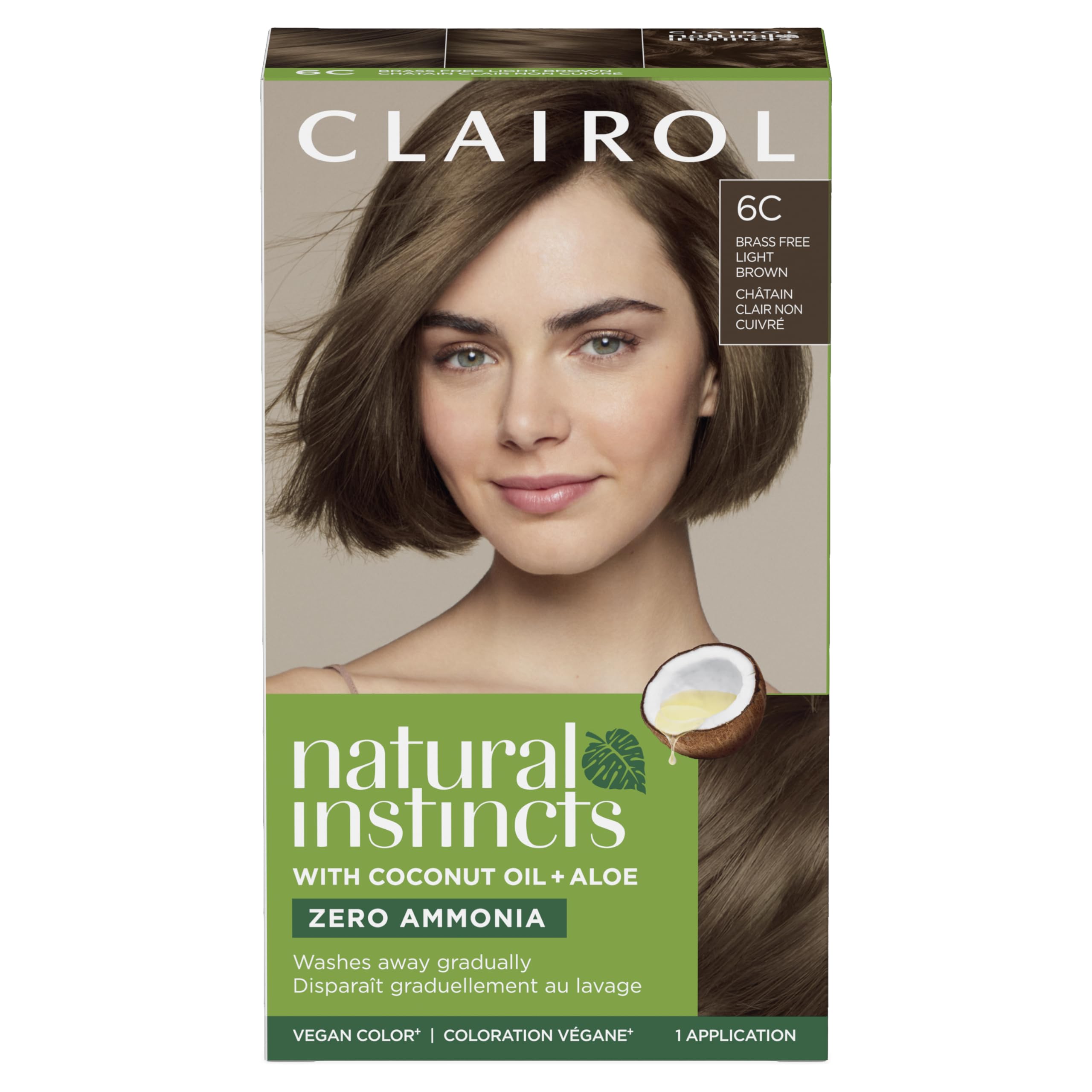 Kit de Clairol Natural Instincts 6C Marrón Claro frente al empaque para aplicación sencilla.