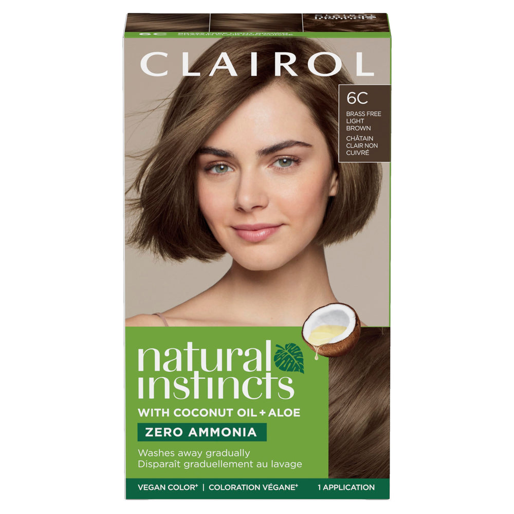 Kit de Clairol Natural Instincts 6C Marrón Claro frente al empaque para aplicación sencilla.