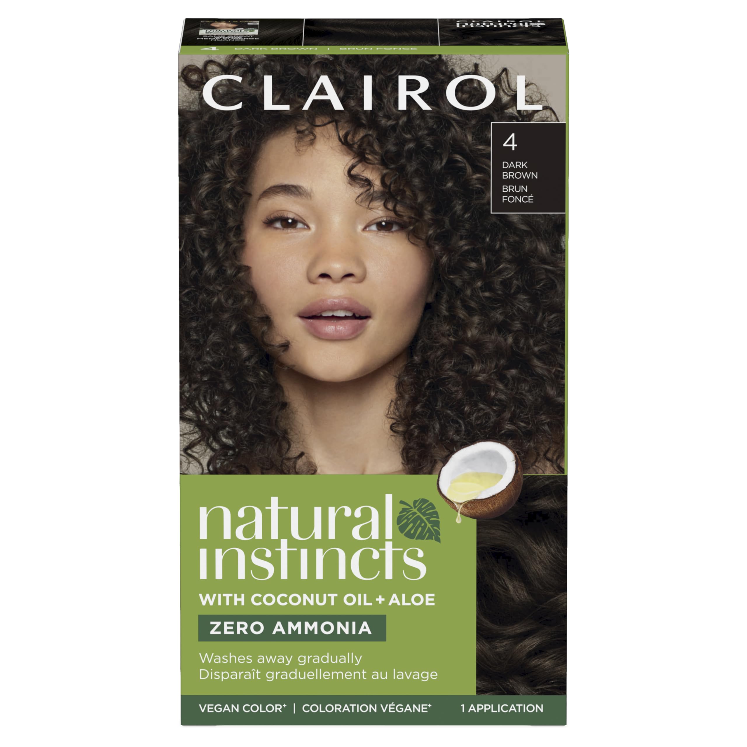 Clairol Natural Instincts, envase del tinte, color duradero y brillo natural.