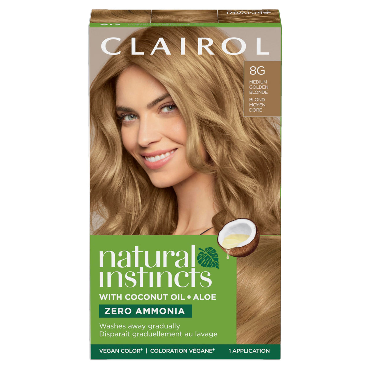 Clairol Natural Instincts 8G Rubio Dorado Medio, color intenso y duradero.