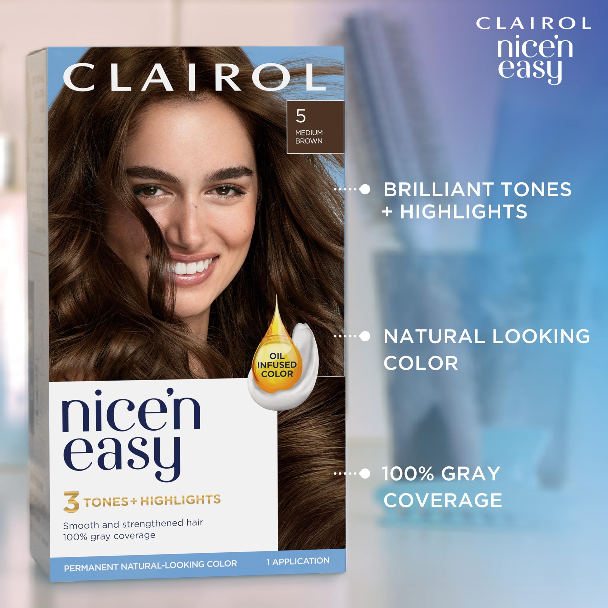 Clairol Nice'n Easy 6R muestra 44 tonos naturales para elegir.