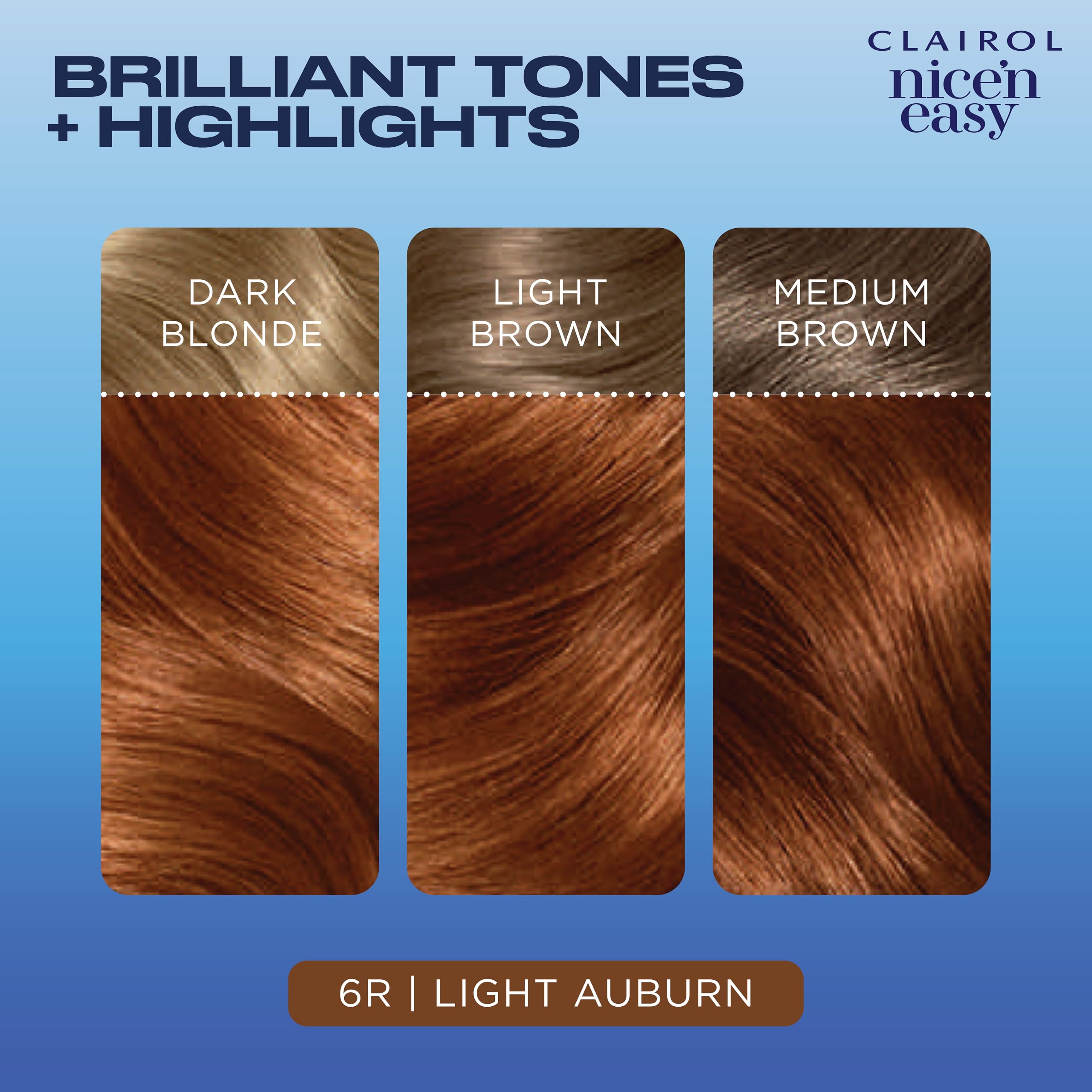 Clairol Nice'n Easy 6R usa aceite infusionado para cabello suave y color uniforme.