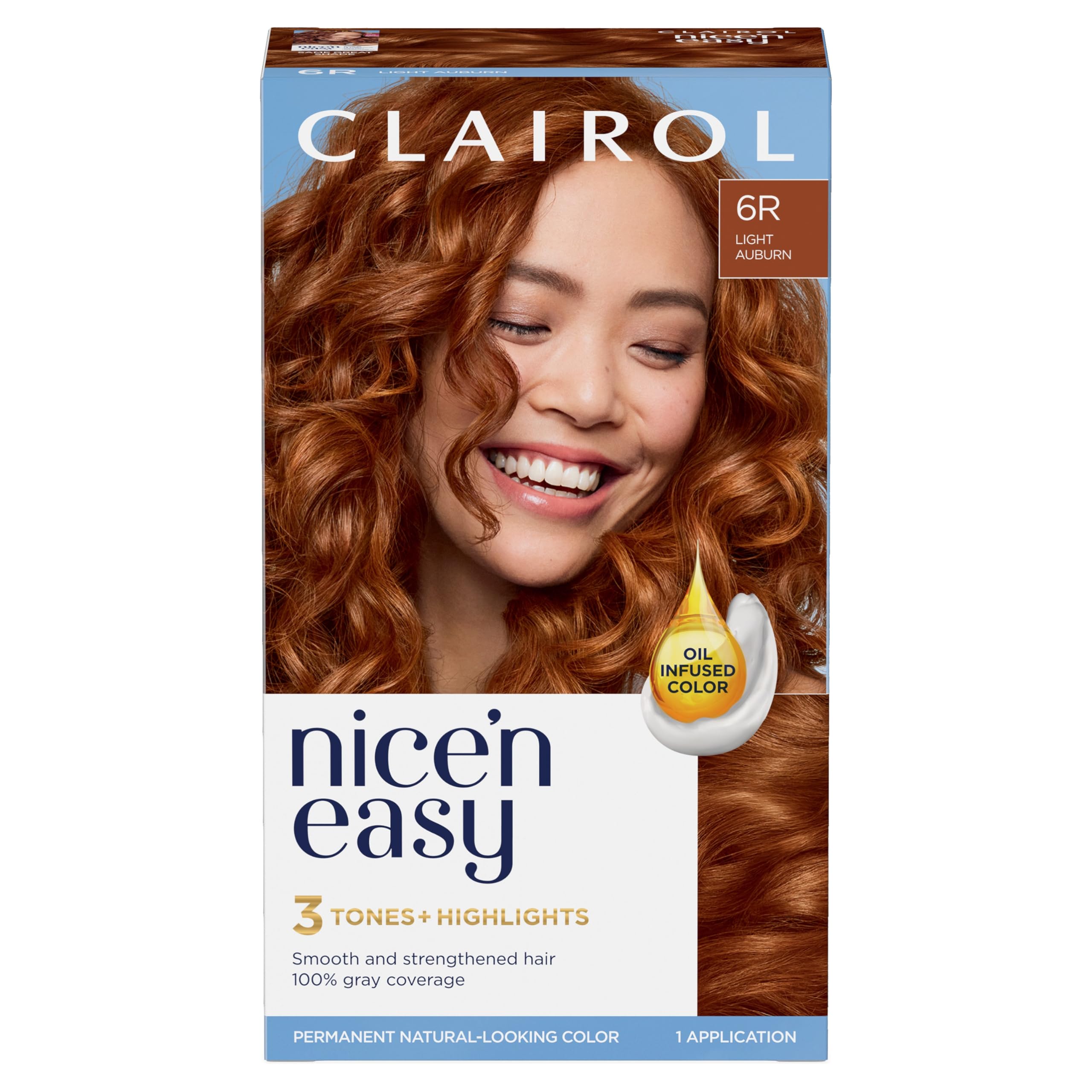 Clairol Nice'n Easy 6R aplica cobertura de canas natural y duradera.