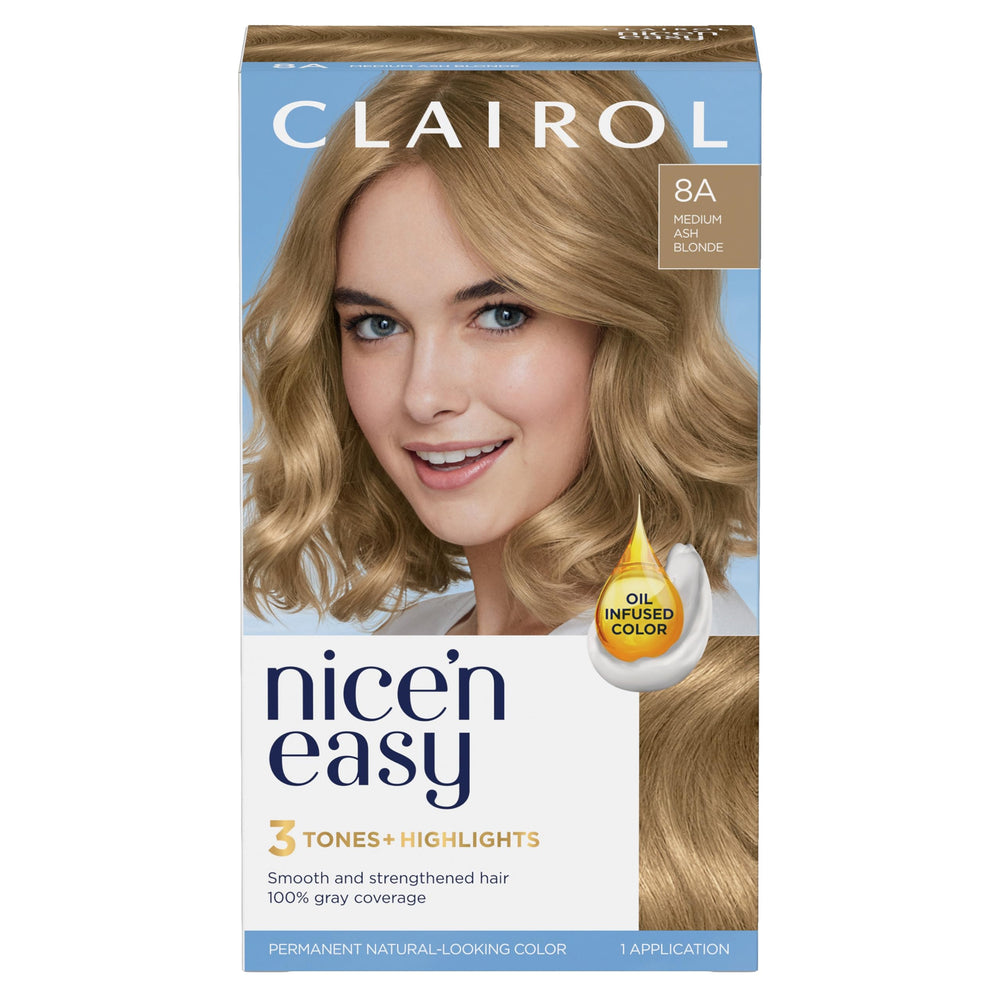 Clairol Nice'n Easy 8A ceniza medio, empaque brillante para un color natural.