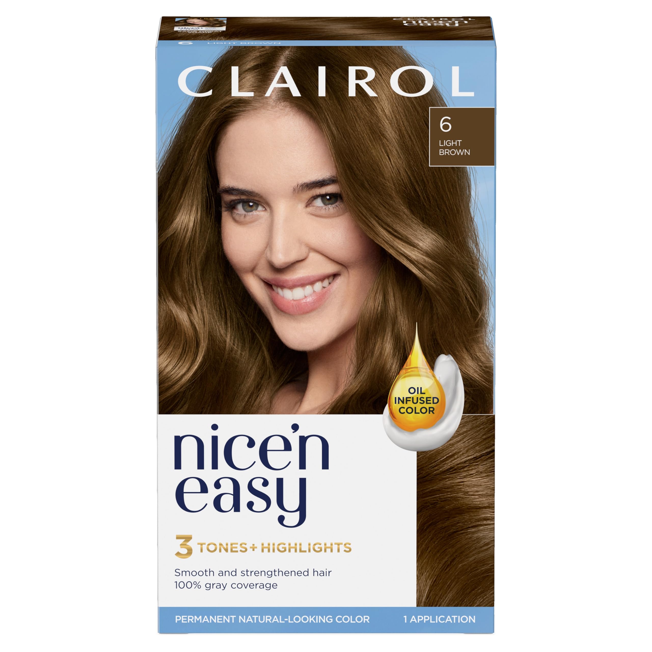 Clairol Nice'n Easy tinte permanente 6 castaño claro para color natural y cobertura de canas.
