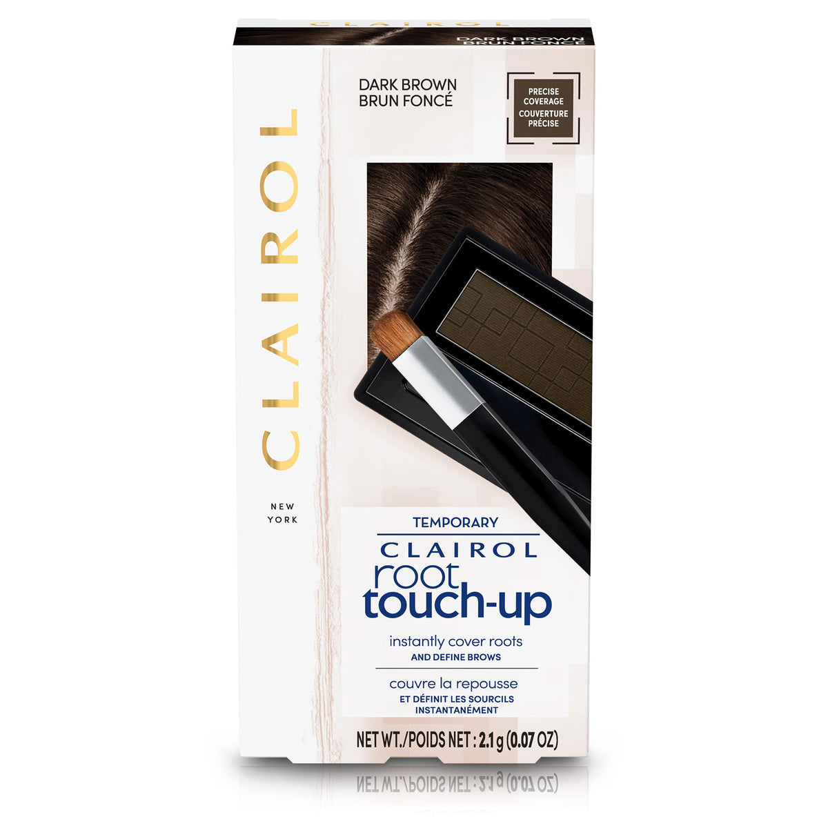 Polvo de Clairol para ocultar raíces marrón oscuro, cobertura rápida y natural.