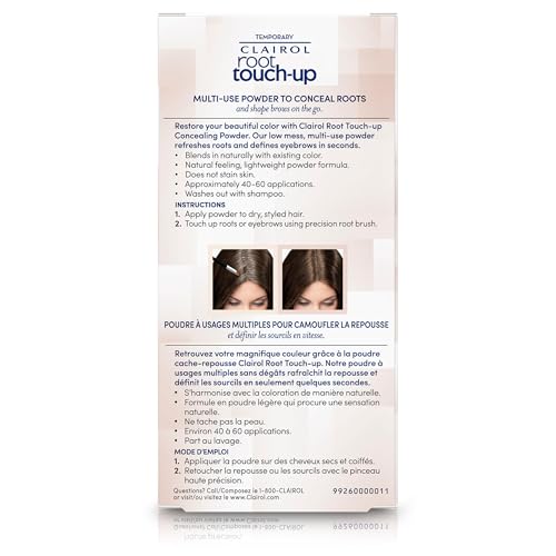Clairol polvos de ocultación, raíces marrón oscuro, brocha integrada para aplicación precisa.