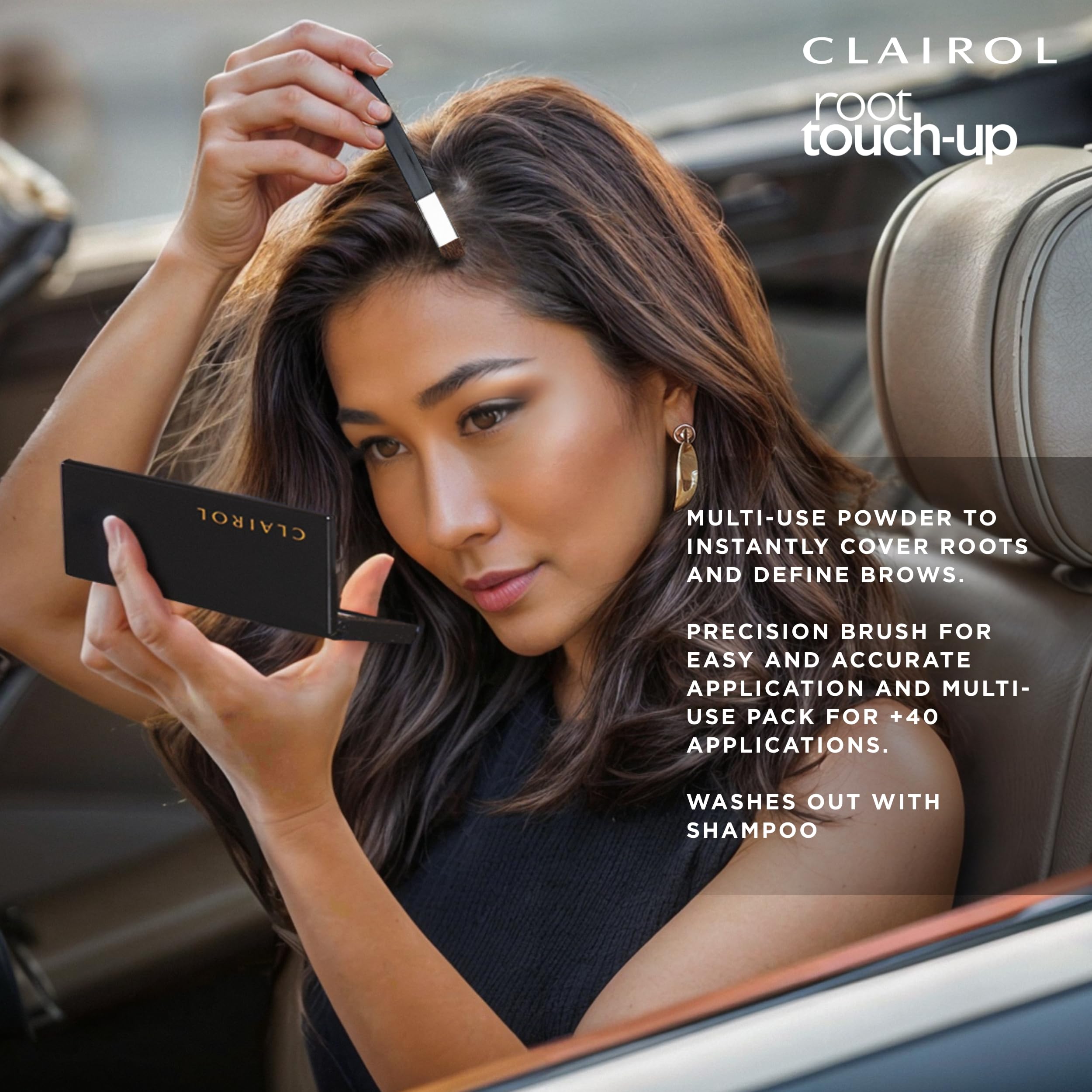 Clairol polvo ocultación raíces marrón oscuro, línea de raíces refrescada al instante.