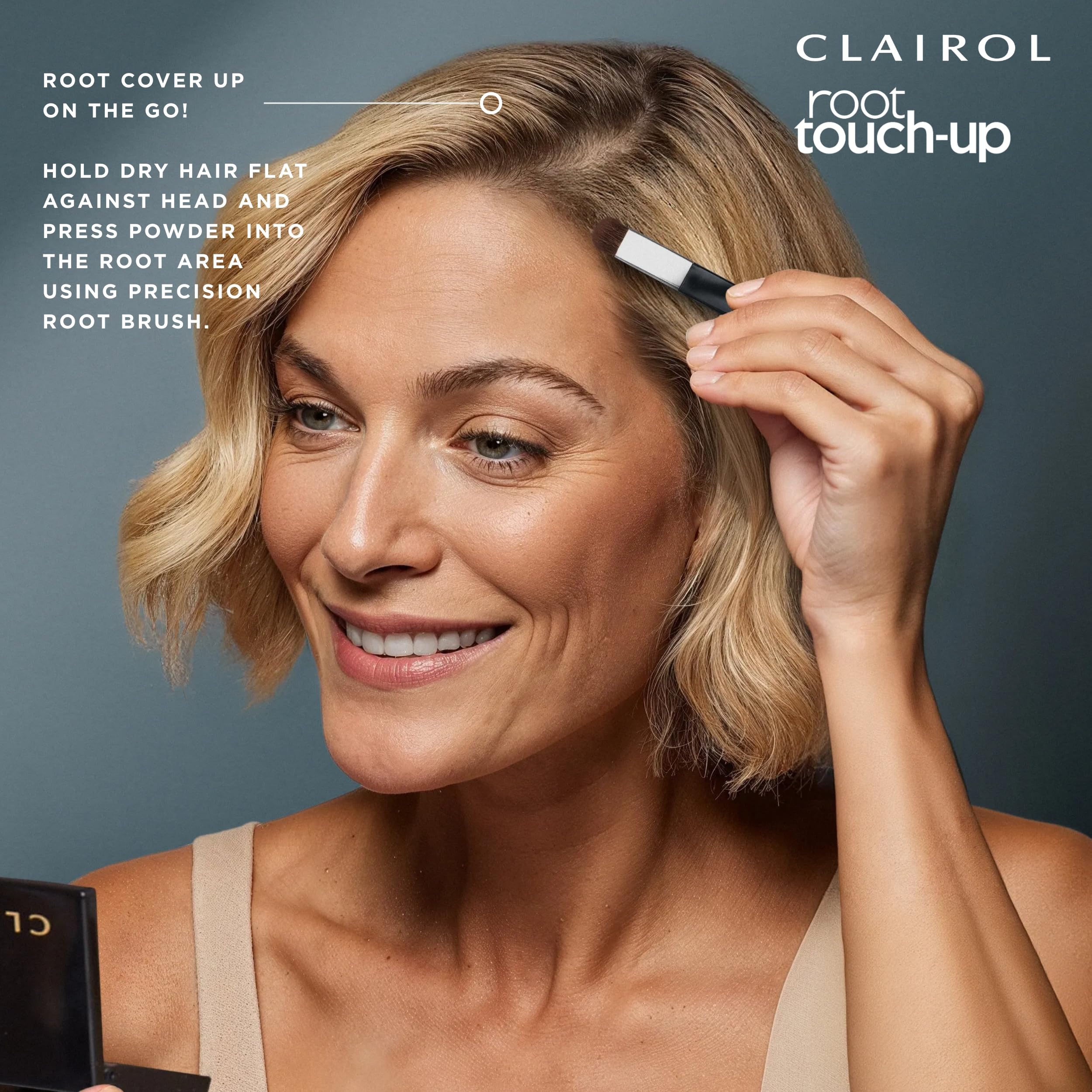 Clairol polvos para raíces, se funden con el color existente para un aspecto natural.