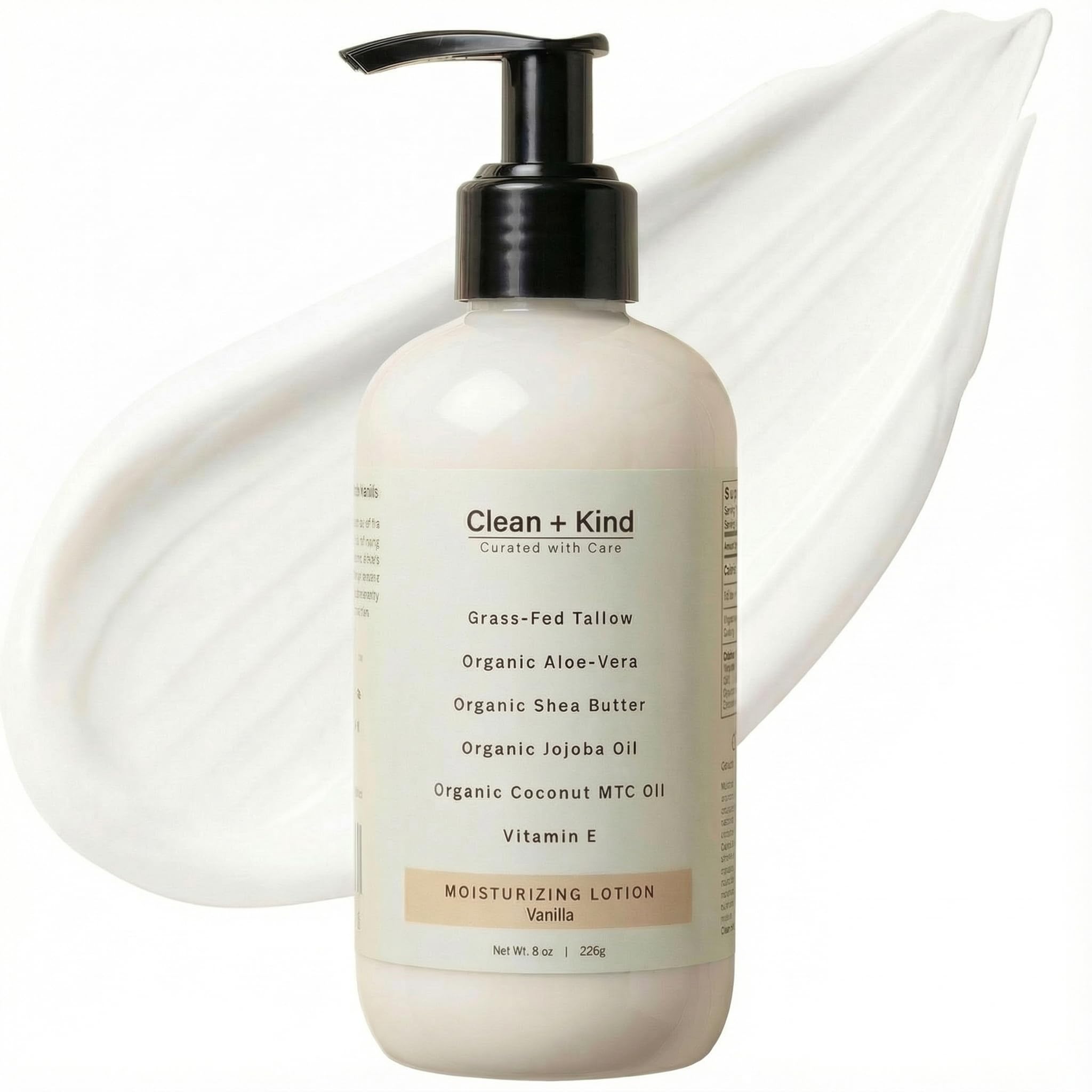 Loción Clean + Kind: botella de vainilla para hidratación suave y duradera.