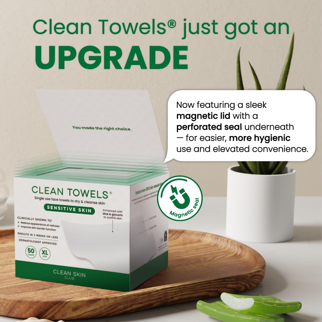 Clean Skin Club Clean Towels XL con aprobación dermatológica, uso seguro para piel sensible.
