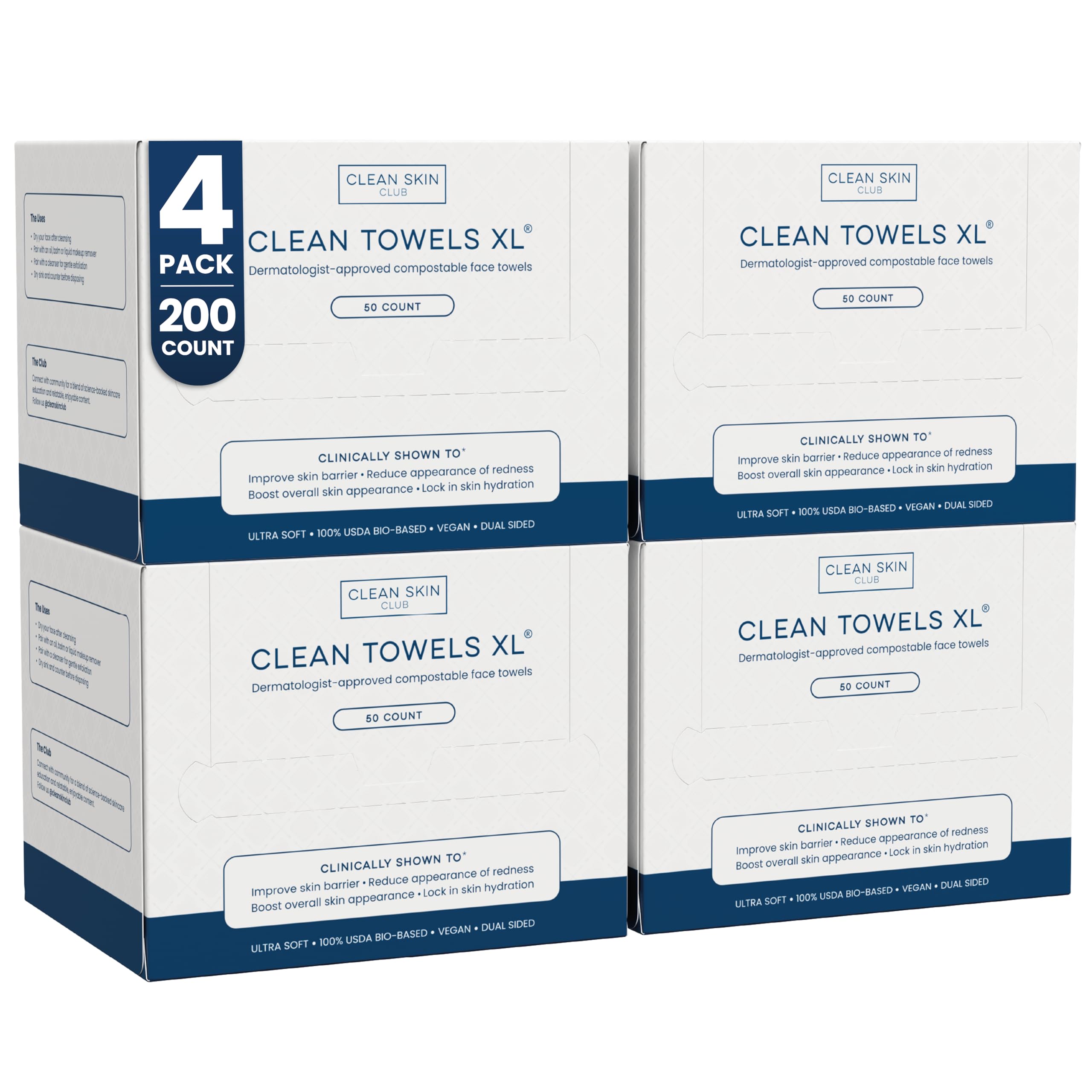 CLEAN SKIN CLUB Clean Towels XL: paquete de 200 toallitas faciales desechables para uso diario.