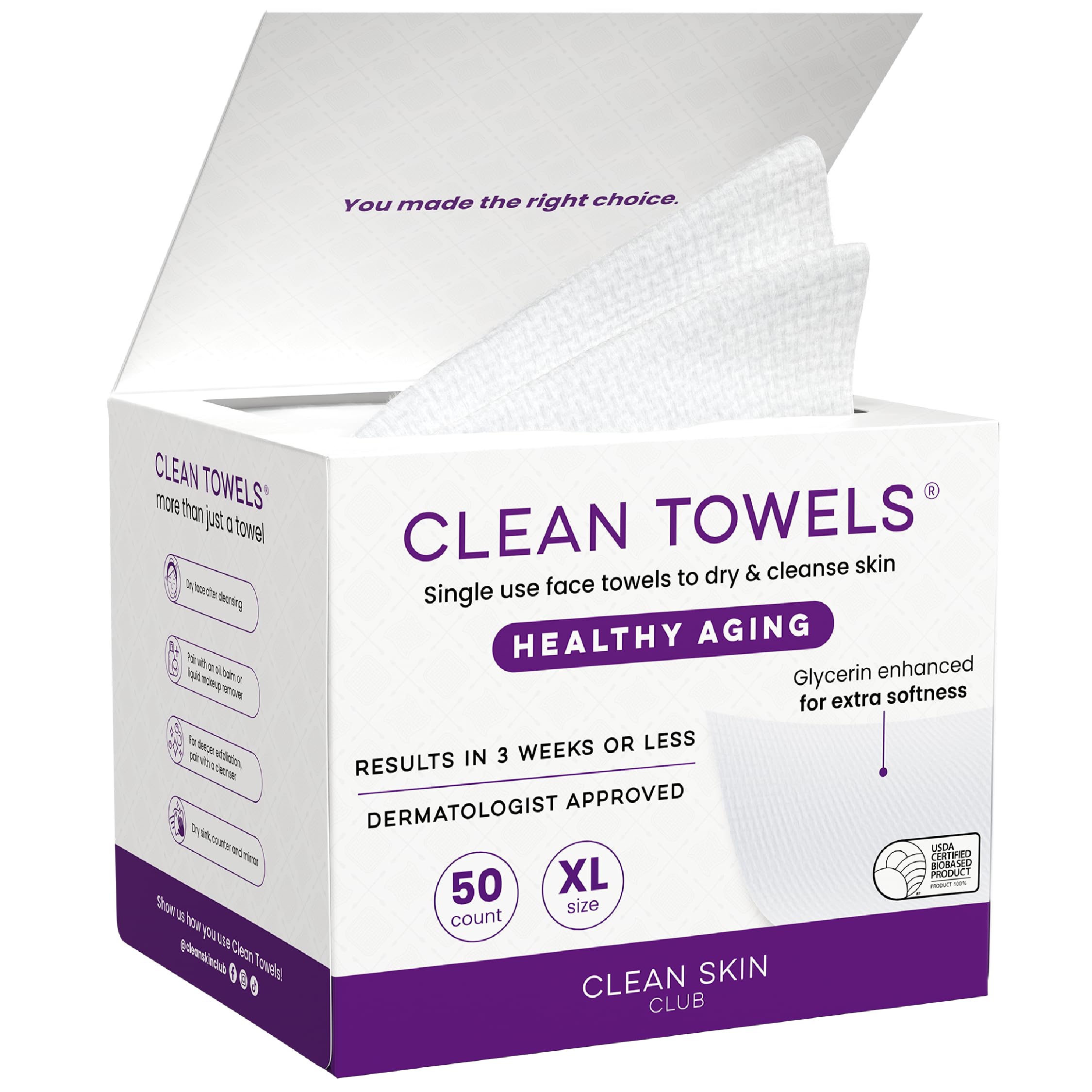 Toalla facial desechable CLEAN SKIN CLUB XL en envase compacto para uso diario.