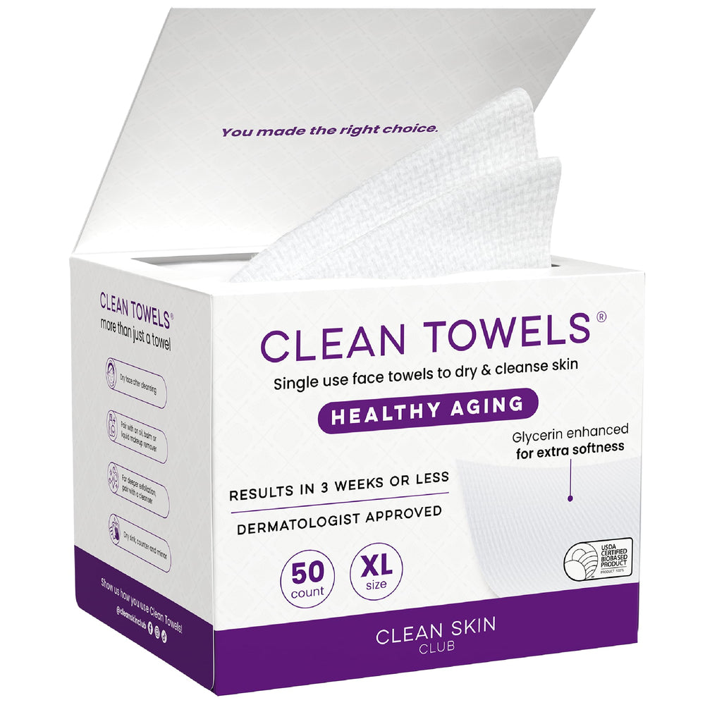 Toalla facial desechable CLEAN SKIN CLUB XL en envase compacto para uso diario.