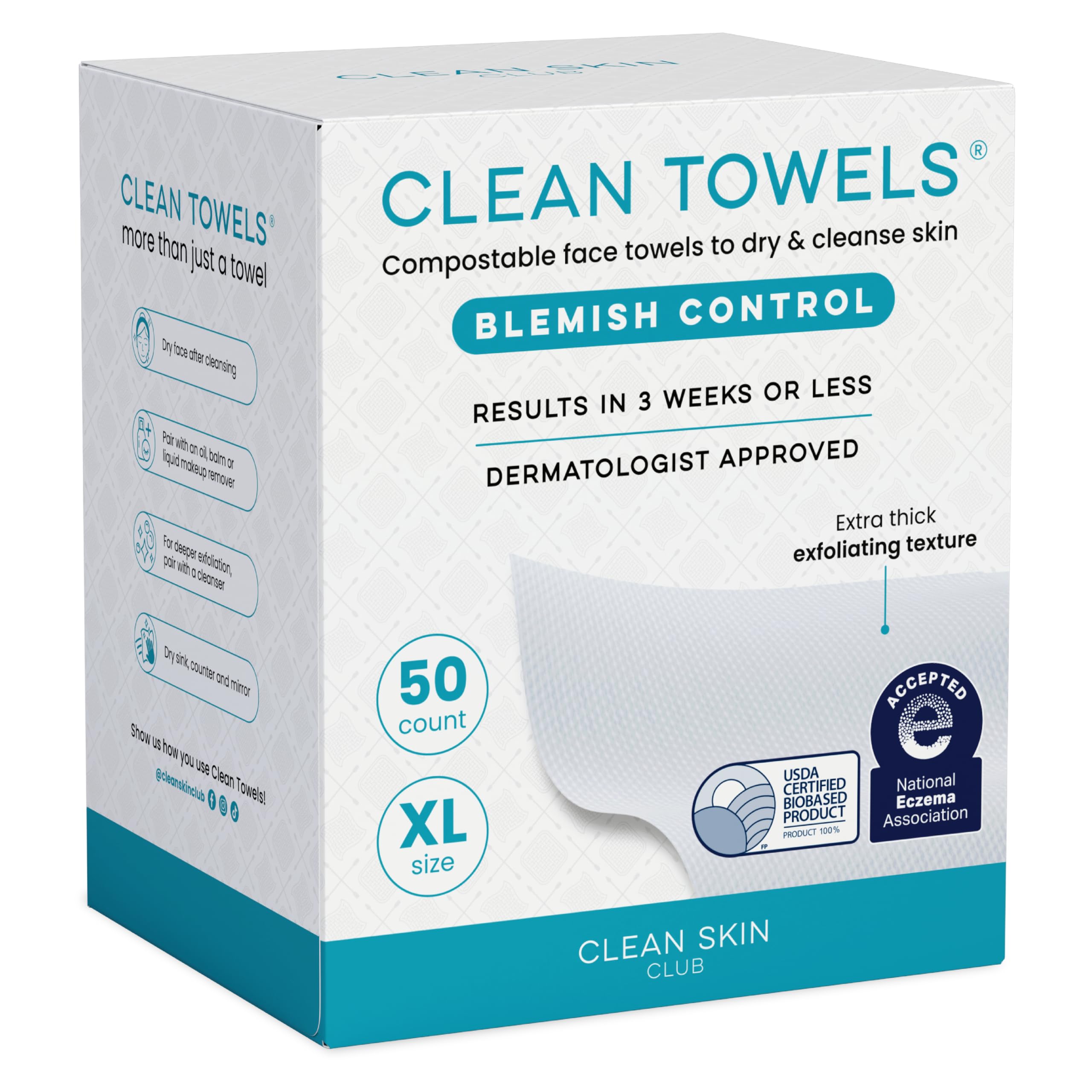 Toallitas Clean Skin Club XL, empaque abierto para uso rápido y control del brillo