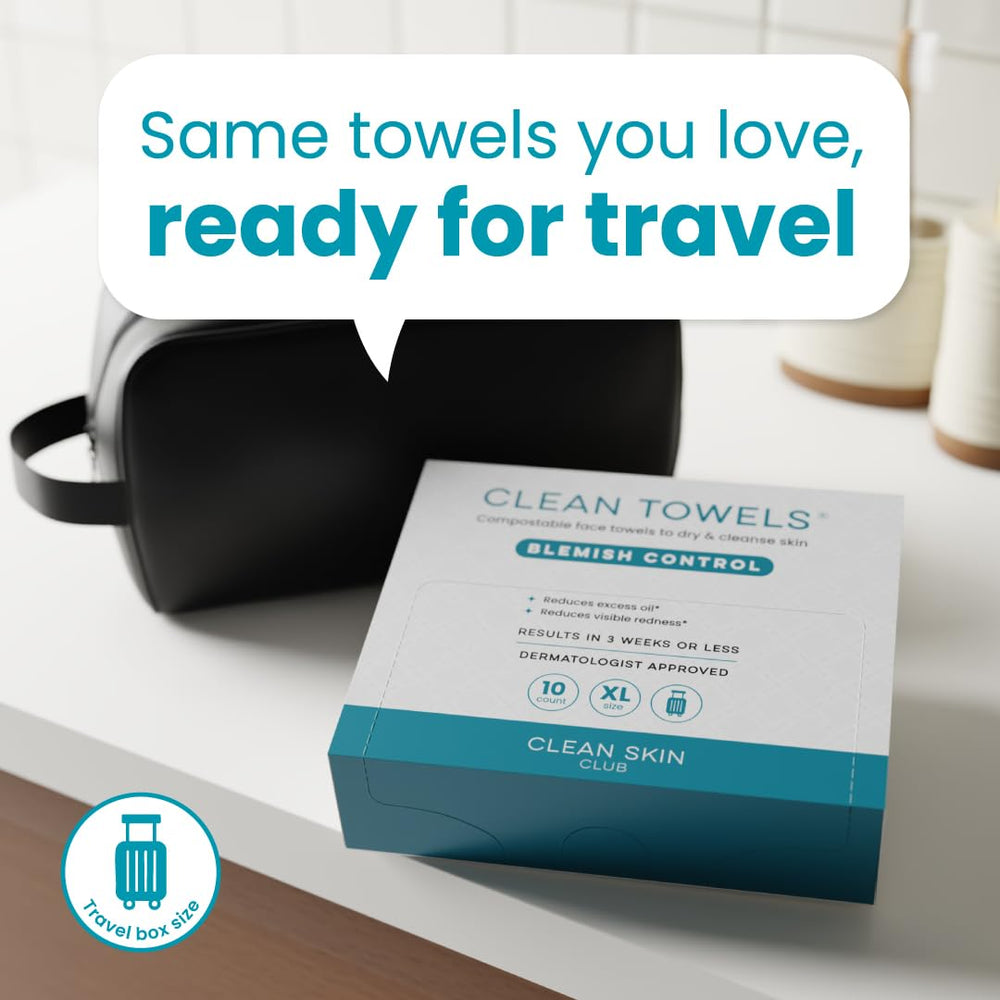 Toallas de viaje Clean Skin Club compactas y aptas para transporte.