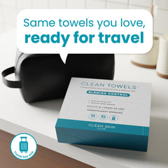 Toallas de viaje Clean Skin Club compactas y aptas para transporte.
