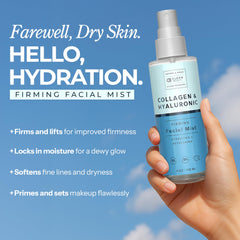 Clear Beauty Collagen-enriched mist highlights a plump, elastic-looking complexion.