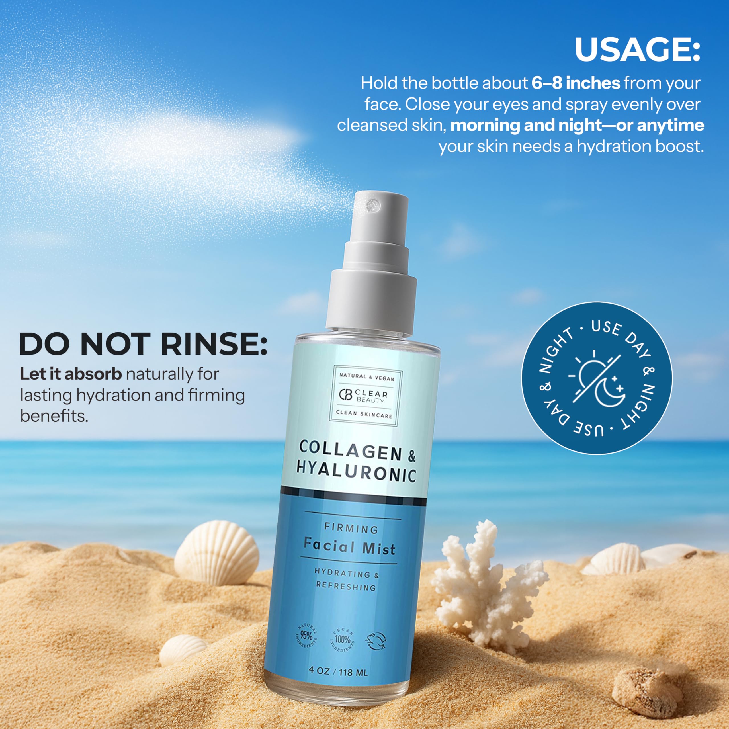 Clear Beauty Natural ingredients label signals clean skincare with a gentle daily mist.