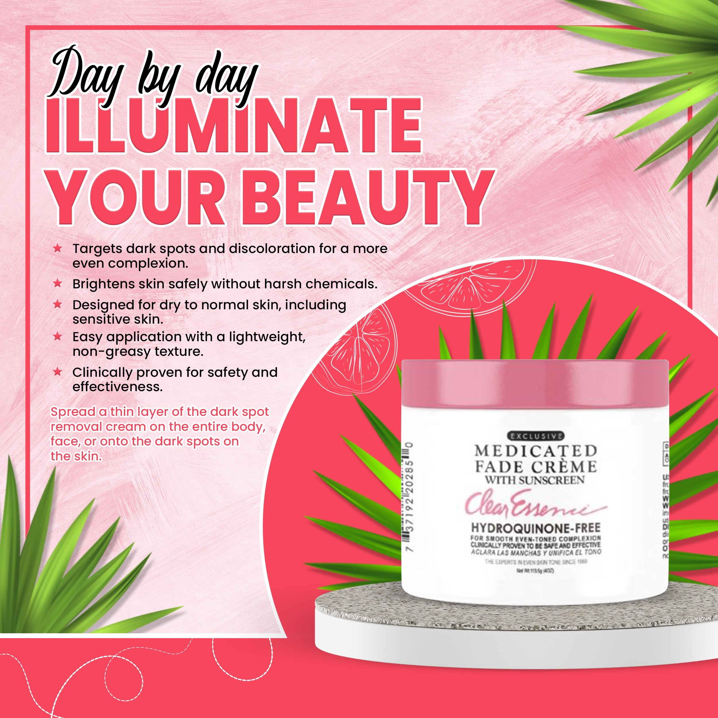 Clear Essence Fade crema: protector solar integrado para cuidado diurno.