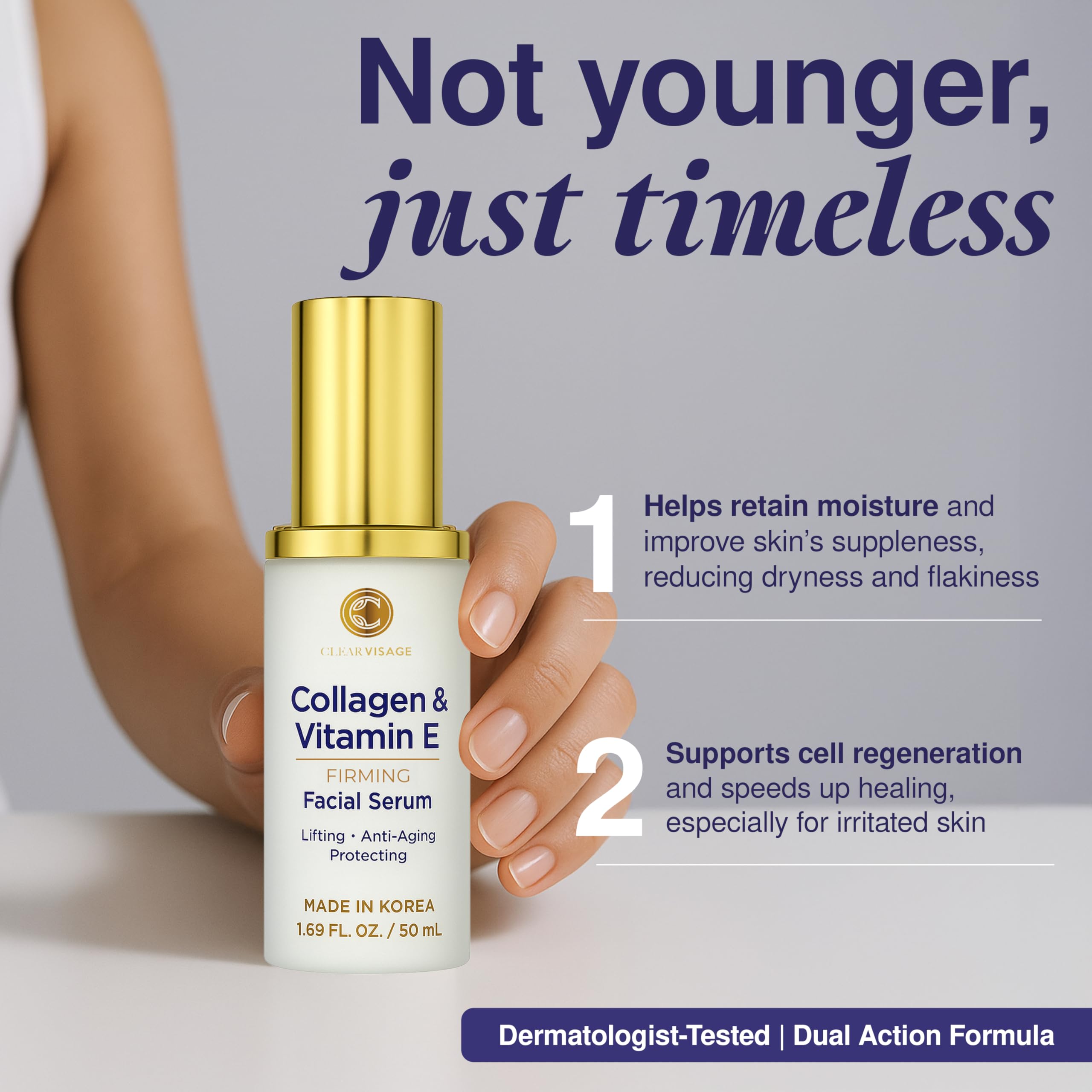 Clear Visage serum: gotas sobre la mano, aplicación suave.