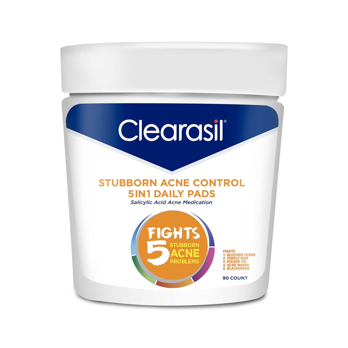 Clearasil, toallitas faciales 5en1 para limpieza diaria y control del acné.