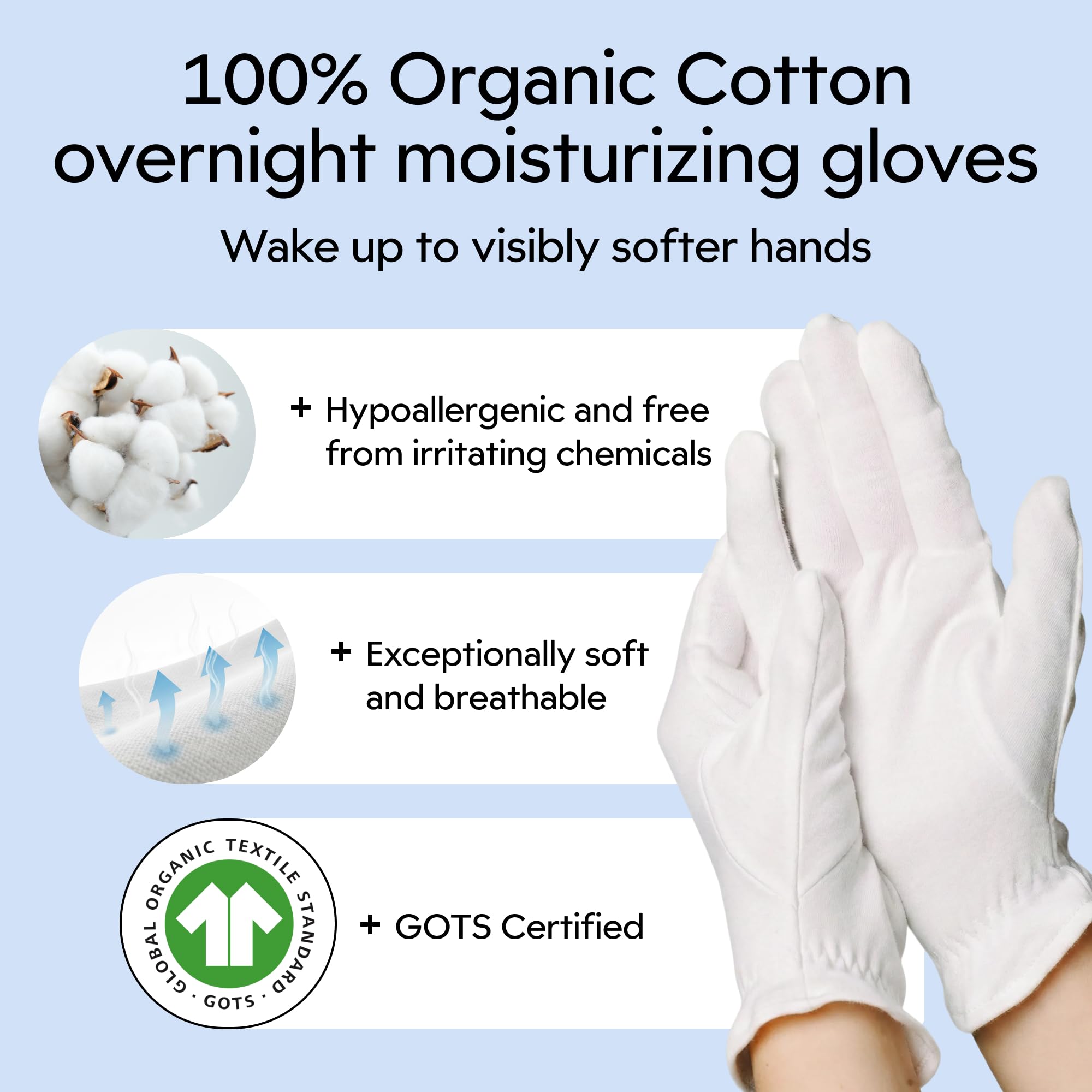 Guantes Clearbody Organics para manos sensibles, comodidad suave durante la noche