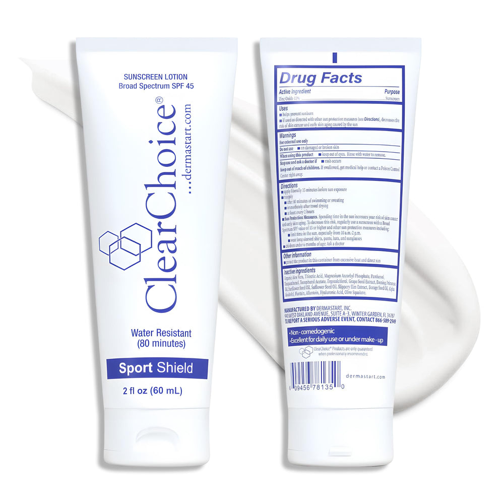 ClearChoice Sport Shield SPF 45 – bouteille portable pour protection quotidienne et voyage.