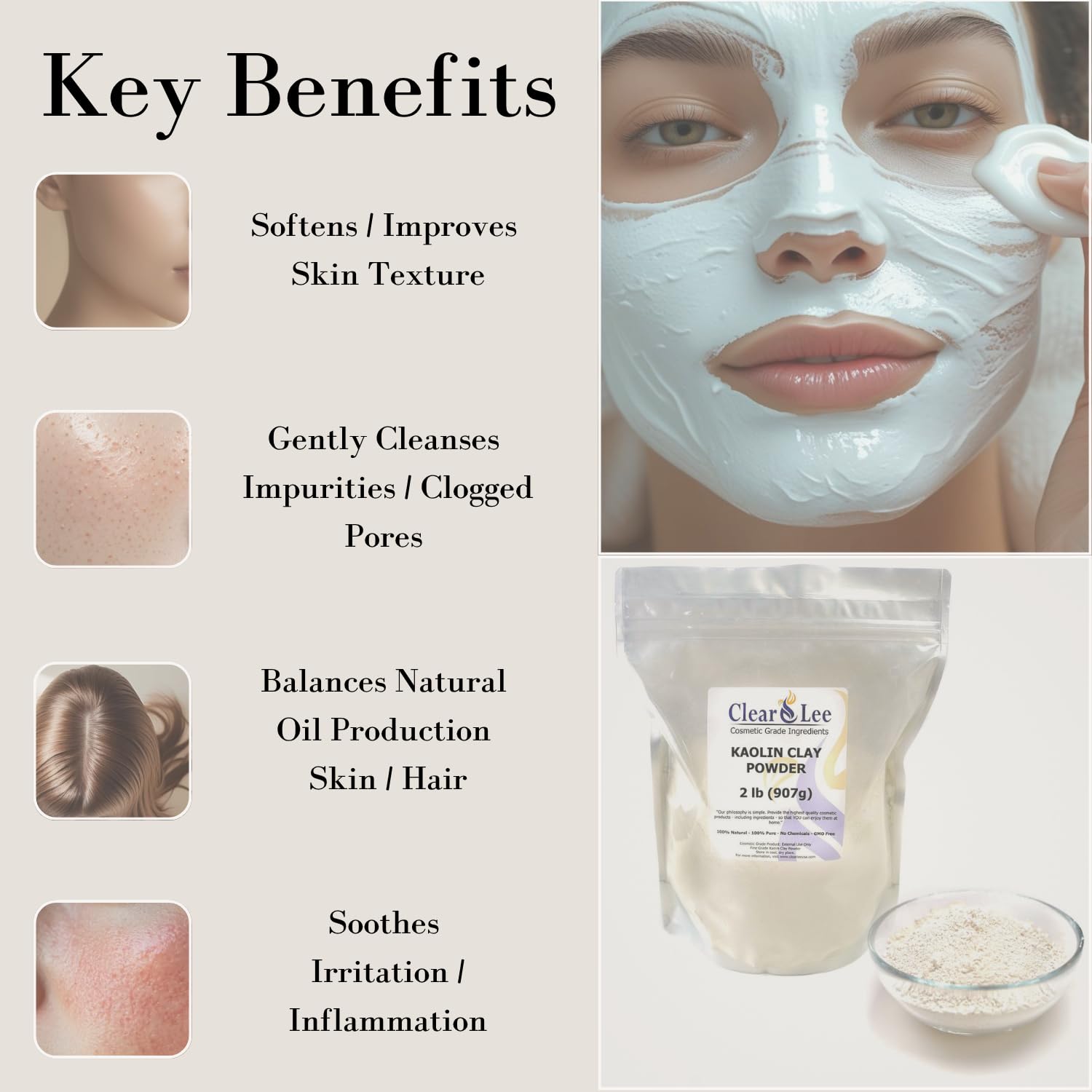 ClearLee caolín textura seda suave para mascarillas caseras