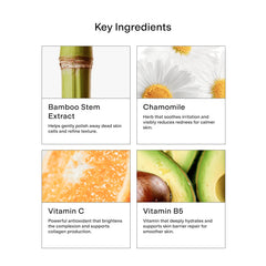 Granulos de bambú en CLEARSTEM Vitaminscrub pulen la piel para una textura refinada.