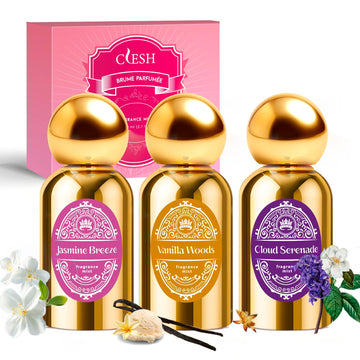 CLESH Vanilla Woods bottle for everyday freshness in a luxe gold design.