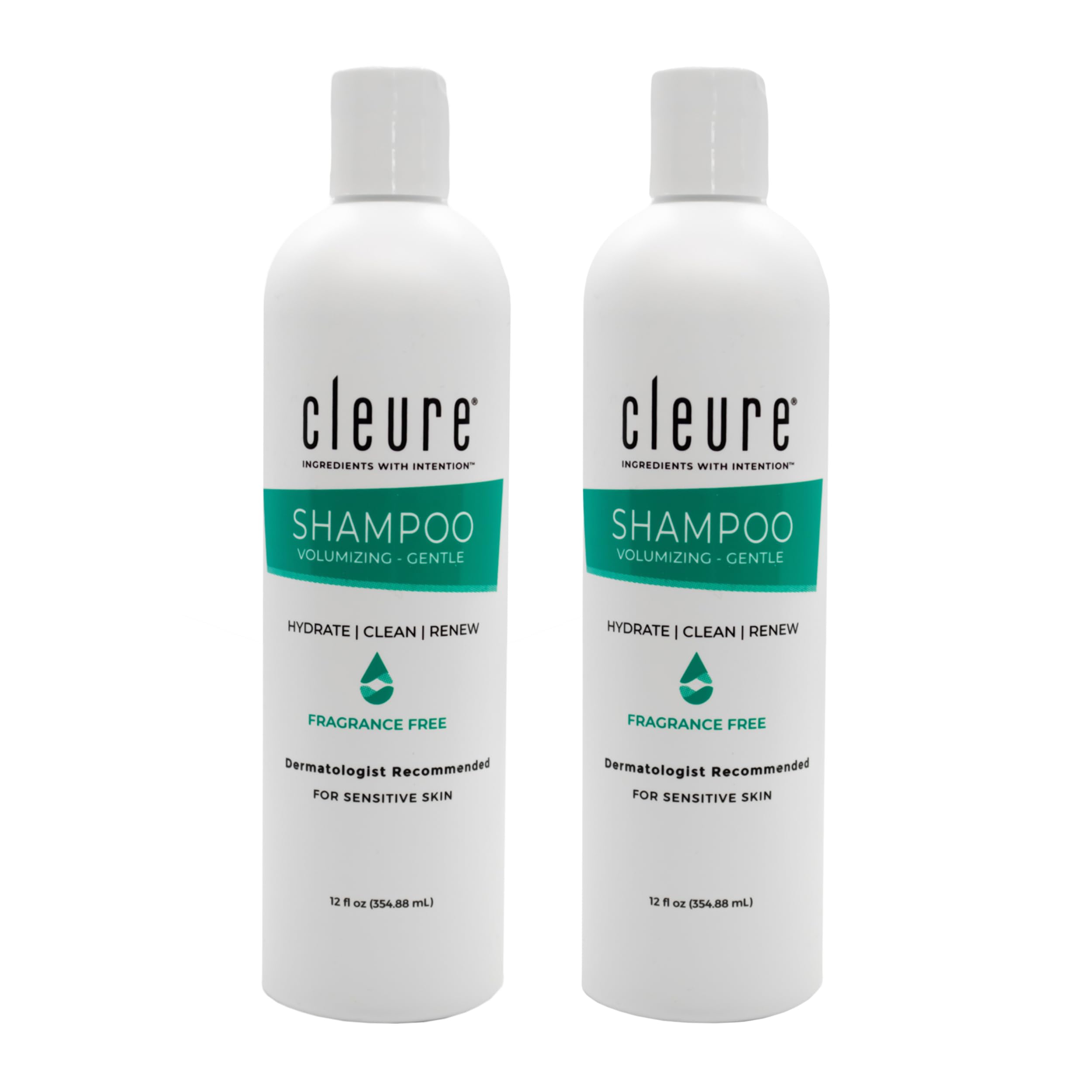 Cleure champú volumizante sin fragancia, botella visible, cabello con volumen.
