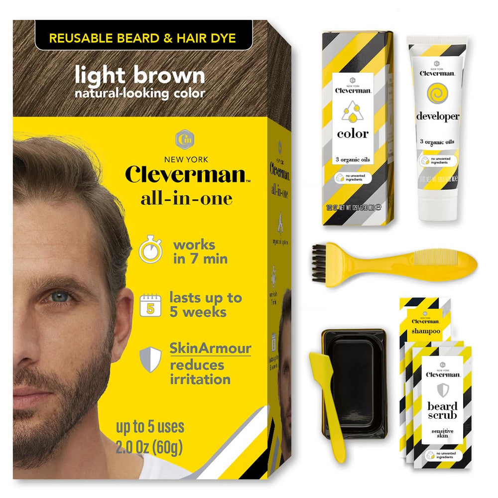 CLEVERMAN coloración para cabello y barba en tono castaño claro, cobertura natural en casa.