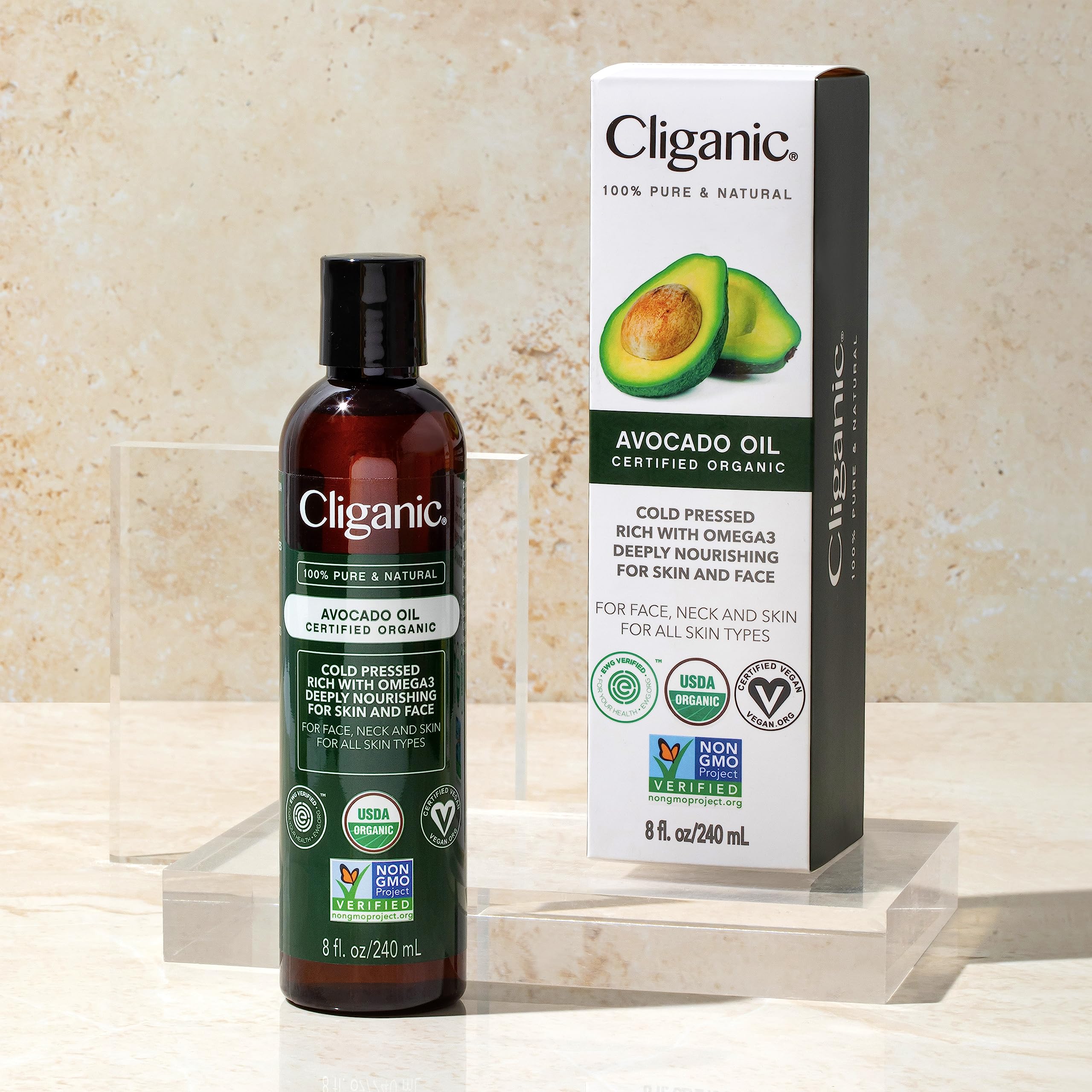Cliganic Aceite de Aguacate Orgánico, etiqueta sostenible, ingredientes simples.