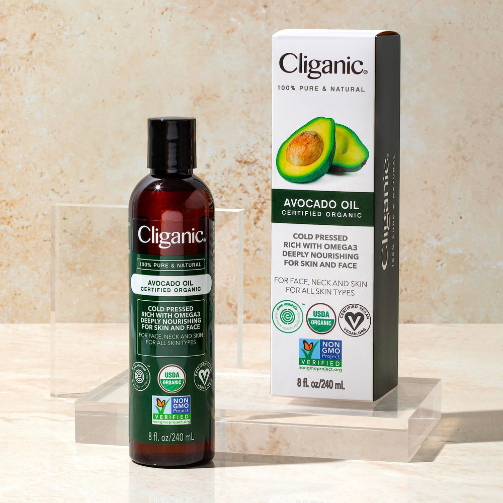 Cliganic Aceite de Aguacate Orgánico, etiqueta sostenible, ingredientes simples.