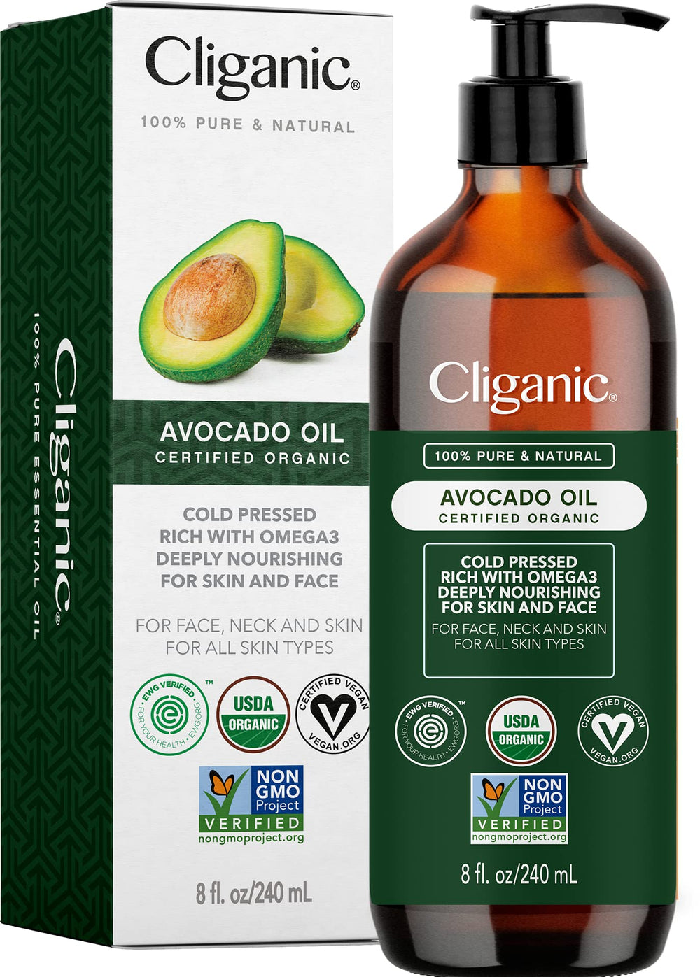 Cliganic Aceite de Aguacate Orgánico, frasco, cuidado nutritivo para piel suave.