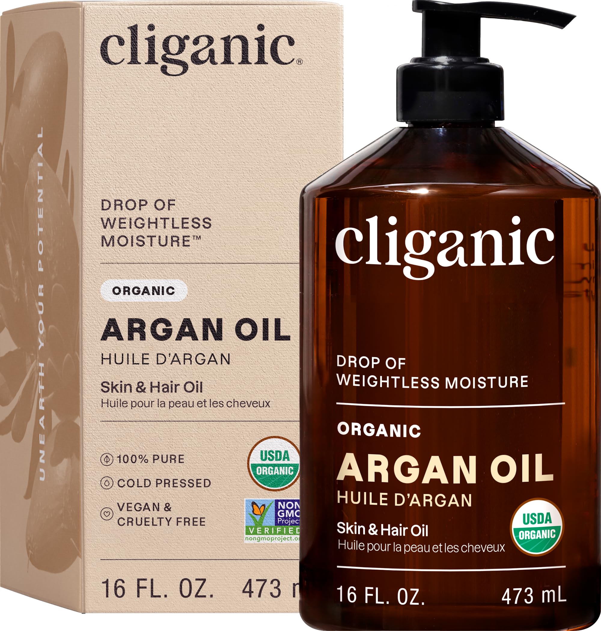 Cliganic Aceite de Argán Orgánico, dispensador, para hidratación del cabello y piel.