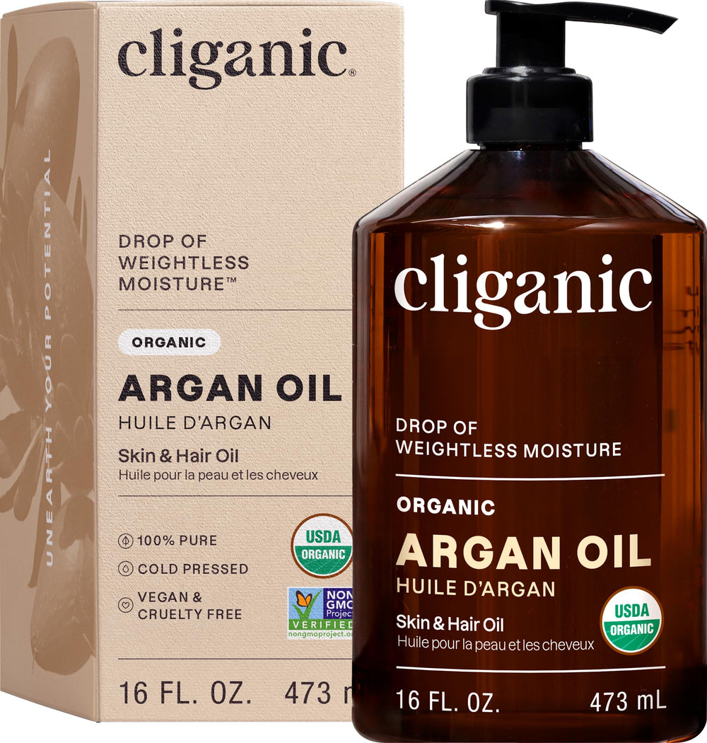 Cliganic Aceite de Argán Orgánico, dispensador, para hidratación del cabello y piel.