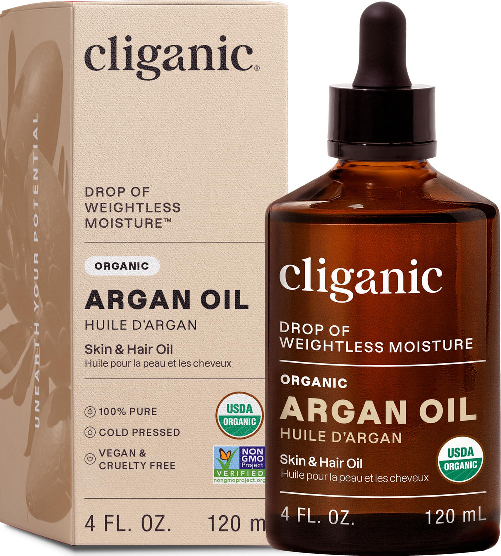 Cliganic Aceite de Argán Orgánico en botella para cabello y piel.