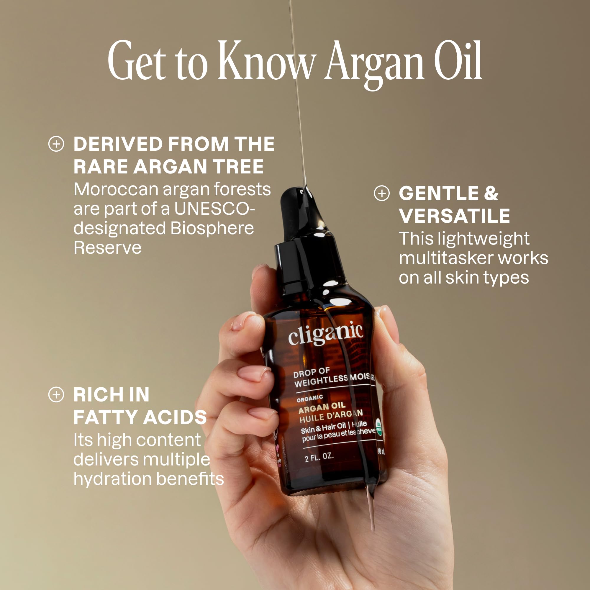 Cliganic Aceite de Argán Orgánico para cabello, aporta brillo suave y control.